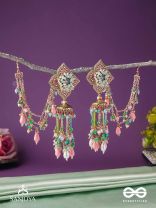 MANJUSUMANA - BEAUTIFUL BLOSSOM - MULTIPLE CHAIN EARRINGS EMBELLISHED WITH BEADWORK, A FLOWER MOTIF AND DANGLERS