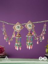 MANJUSUMANA - BEAUTIFUL BLOSSOM - MULTIPLE CHAIN EARRINGS EMBELLISHED WITH BEADWORK, A FLOWER MOTIF AND DANGLERS