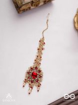 Kumudinikunda-Delicate lotus-Embroidered hair accessory with a red stone & golden embellishments
