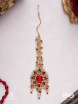 Kumudinikunda-Delicate lotus-Embroidered hair accessory with a red stone & golden embellishments