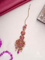Rakta-Kumudini-Pink Lotus Blossom Hair accessory-Maangtika featuring elegant circular designs with Beads & Stones.
