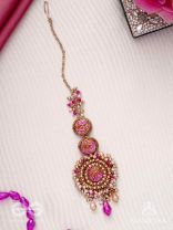 Rakta-Kumudini-Pink Lotus Blossom Hair accessory-Maangtika featuring elegant circular designs with Beads & Stones.