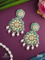 Vaidurya-Emerald Blossom- Firozi-colored glass stones earrings paired with golden and white accents, beads, and danglers