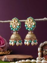 Sphārikā- Crystal Radiance-Jhumka earrings adorned with diamond shaped stones,beads and pearls of golden, white and turquoise accents