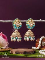 Sphārikā- Crystal Radiance-Jhumka earrings adorned with diamond shaped stones,beads and pearls of golden, white and turquoise accents