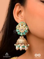 Sphārikā- Crystal Radiance-Jhumka earrings adorned with diamond shaped stones,beads and pearls of golden, white and turquoise accents