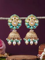 Sphārikā- Crystal Radiance-Jhumka earrings adorned with diamond shaped stones,beads and pearls of golden, white and turquoise accents