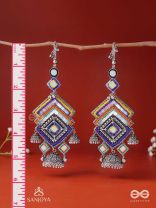 Pratibimbā-Reflective Jhumka-Brick stitch pattern earrings with geometric mirror inlays, thread work and jhumkas.