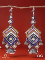 Pratibimbā-Reflective Jhumka-Brick stitch pattern earrings with geometric mirror inlays, thread work and jhumkas.