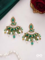 CHANDRAVATA- CRESCENT BRANCH EARRINGS- EMBROIDERED EARRINGS WITH STONES, BEADS, PEARLS AND RESHAM WORK
