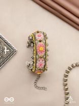SUMANALEKHA-FLORAL PATTERN- SEMI-OXIDIZED BRACELET FEATURES GHUNGROO, BEADS, AND EMBROIDERED FLOWERS