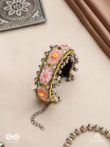 SUMANALEKHA-FLORAL PATTERN- SEMI-OXIDIZED BRACELET FEATURES GHUNGROO, BEADS, AND EMBROIDERED FLOWERS