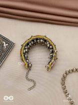 SUMANALEKHA-FLORAL PATTERN- SEMI-OXIDIZED BRACELET FEATURES GHUNGROO, BEADS, AND EMBROIDERED FLOWERS