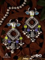 NANDI MANIKARNA- NANDI STONE EARRINGS-OXIDIZED EARRINGS FEATURING A BULL FACE, ADORNED WITH STONES AND GHUNGHROOS