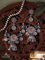 SHUBHRAVILASA- RADIANT GRACE- SILVER TONED EARRINGS, CIRCULAR MOTIFS ADORNED WITH GHUNGROOS AND JHUMKA
