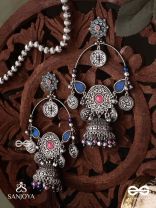SHUBHRAVILASA- RADIANT GRACE- SILVER TONED EARRINGS, CIRCULAR MOTIFS ADORNED WITH GHUNGROOS AND JHUMKA