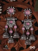 VIJAYAMUKTA-VICTORY PEARLS- REGAL OXIDIZED EARRINGS WITH A CENTRAL PURPLE STONE AND LAYERED JHUMKAS