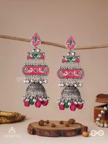 VAJRASHRINGARA-DIAMOND ADORNMENT-ENAMELLED OXIDISED MOTIFS SET ON SILVER METALWORK, EMBELLISHED WITH GLOSSY BEADS AND JHUMKAS