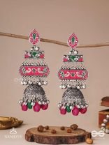 VAJRASHRINGARA-DIAMOND ADORNMENT-ENAMELLED OXIDISED MOTIFS SET ON SILVER METALWORK, EMBELLISHED WITH GLOSSY BEADS AND JHUMKAS