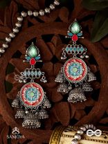  ADITYARATNA-SUN GEM- RADIANT EARRINGS WITH DETAILED METALWORK SET IN PASTEL TONE FEATURING STONE AND JHUMKAS