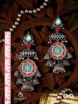  ADITYARATNA-SUN GEM- RADIANT EARRINGS WITH DETAILED METALWORK SET IN PASTEL TONE FEATURING STONE AND JHUMKAS