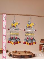  SAMPURNAMANI-COMPLETE JEWEL- ELEPHANT MOTIF EARRINGS ENAMELLED WITH SILVER-TONED METAL, FEATURING JHUMKA AND STONE EMBELLISHMENTS