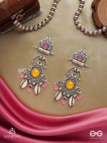  SURYARATNA-SUN GEM-SILVER-TONED EARRINGS ACCENTED WITH DANGLING COWRIE SHELLS AND GHUNGHROO'S
