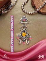  SURYARATNA-SUN GEM-SILVER-TONED EARRINGS ACCENTED WITH DANGLING COWRIE SHELLS AND GHUNGHROO'S