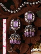  AMRITAMANJARI-NECTAR CLUSTER- EMBROIDERED LAVENDAR JHUMKA EARRINGS ADORNED WITH STONES AND BEADS