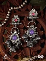  NEELADHARA-BLUE STREAM-OXIDIZED EARRINGS COMPLEMENTED BY STONES, BEADS AND DANGLING JHUMKAS