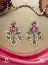  SHAHIPUSHP- ROYAL BLOSSOM- ENAMELLED EARRINGS WITH MULTI COLOURED STONES SET IN SILVER TONED METAL
