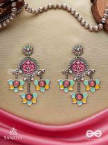  SHAHIPUSHP- ROYAL BLOSSOM- ENAMELLED EARRINGS WITH MULTI COLOURED STONES SET IN SILVER TONED METAL
