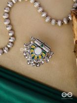 Moss Canopy-  Enamelled Oxidized Adjustable ring  with ghungroos and mirror.