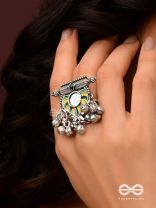 Moss Canopy-  Enamelled Oxidized Adjustable ring  with ghungroos and mirror.