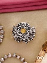 Pitamani-Yellow jewel- oxidized adjustable ring in golden hues with Ghunghroo's.