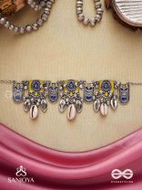 Shankhariti-Conch Elegance- Enamelled Choker neckpiece with pastel motifs with cowrie shells and ghunghroo