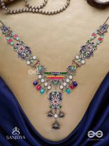 Prema raga- Love colour- Enamelled oxidized neckpiece embellished with beads, mirror and dangling jhumka.