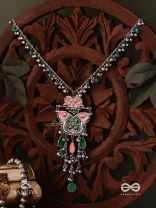 MAYURA MAALA- PECOCK NECKLACE: ENAMELLED OXIDISED NECKLACE WITH GHUNGROO AND BEADS