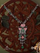 MAYURA MAALA- PECOCK NECKLACE: ENAMELLED OXIDISED NECKLACE WITH GHUNGROO AND BEADS