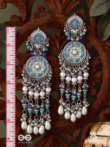NEELKAMALA – BLUE LOTUS OXIDIZED EARRINGS WITH BLUE BEADS AND INTRICATE WORK, ADORNED WITH PEARLS & GHUNGROO'S