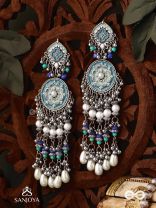 NEELKAMALA – BLUE LOTUS OXIDIZED EARRINGS WITH BLUE BEADS AND INTRICATE WORK, ADORNED WITH PEARLS & GHUNGROO'S