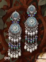 NEELKAMALA – BLUE LOTUS OXIDIZED EARRINGS WITH BLUE BEADS AND INTRICATE WORK, ADORNED WITH PEARLS & GHUNGROO'S