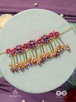 VARNAMALA ABHUSHANA - ADORNMENT OF COLORS - FLORAL MOTIFS, BEADWORK, GLASS DROPS WITH GOLDEN DETAILING CHOKER NECKPIECE
