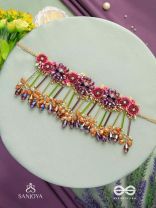 VARNAMALA ABHUSHANA - ADORNMENT OF COLORS - FLORAL MOTIFS, BEADWORK, GLASS DROPS WITH GOLDEN DETAILING CHOKER NECKPIECE