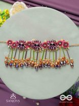 VARNAMALA ABHUSHANA - ADORNMENT OF COLORS - FLORAL MOTIFS, BEADWORK, GLASS DROPS WITH GOLDEN DETAILING CHOKER NECKPIECE