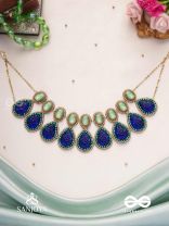 JALANEELINI - WATER LIKE BLUE ELEGANCE - BLUE TEARDROP SHAPES, GEMSTONES WITH GOLDEN EBELLISHED NECKLACE