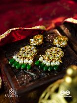 PARNAPRIYA - LOVER OF LEAVES - FLORAL KUNDAN DESIGN WITH GREEN BEADS AND PEARL DROPS  HAND EMBROIDERD EARRINGS 