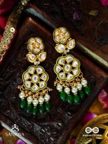 PARNAPRIYA - LOVER OF LEAVES - FLORAL KUNDAN DESIGN WITH GREEN BEADS AND PEARL DROPS  HAND EMBROIDERD EARRINGS 