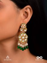 PARNAPRIYA - LOVER OF LEAVES - FLORAL KUNDAN DESIGN WITH GREEN BEADS AND PEARL DROPS  HAND EMBROIDERD EARRINGS 