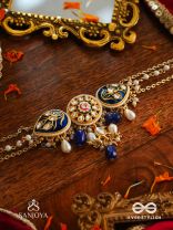 NILACHANDRIKA- MOONLIGHT OF THE BLUE SKY- KUNDAN NECKLACE WITH DEEP BLUE ENAMEL WORK WITH GOLDEN DETAILS, PEARLS, AND DAZZLING GEMS